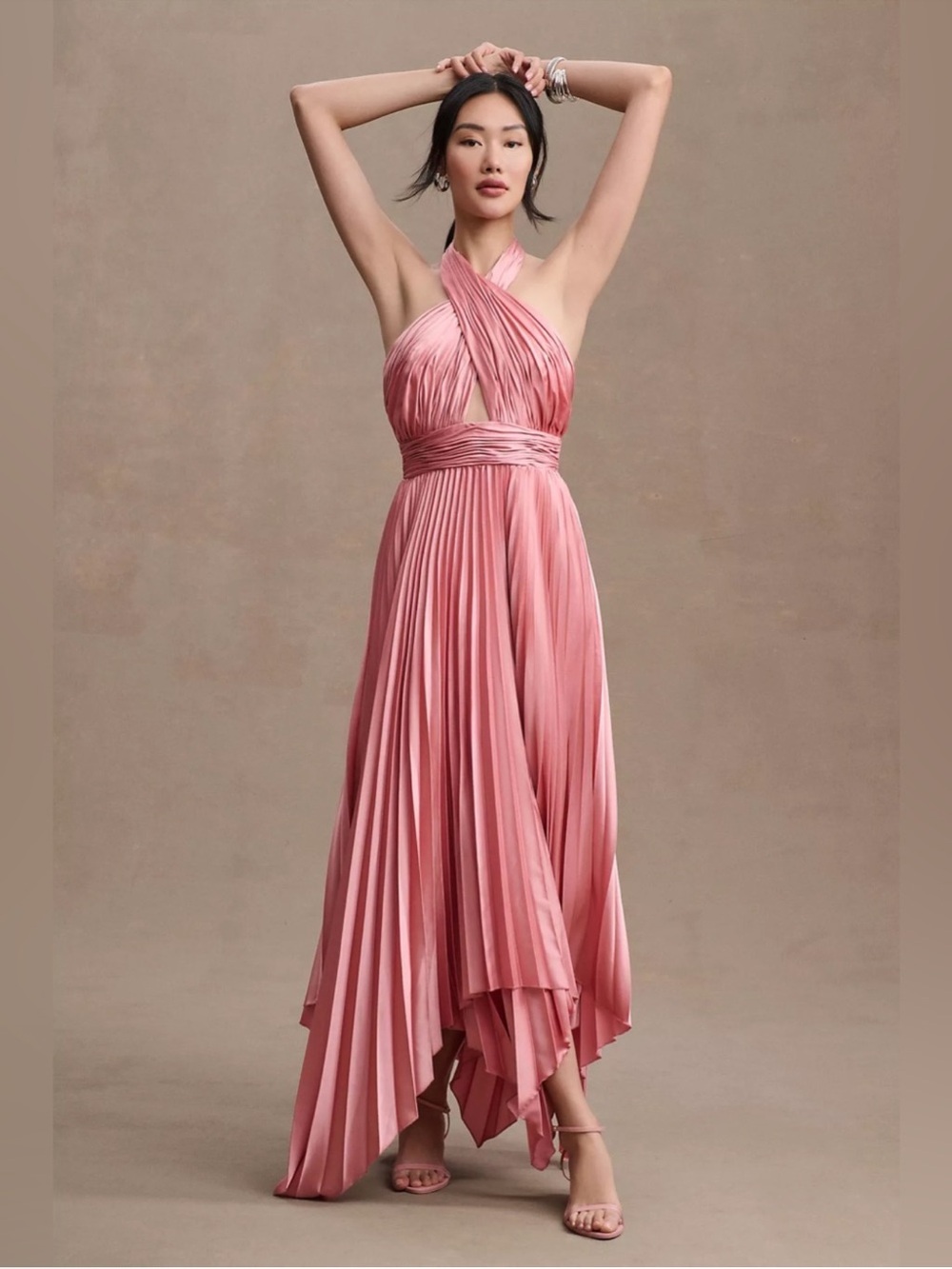 MAC DUGGAL Pleated A-Line Asymmetrical
Halter Gown